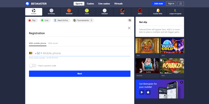 Betmaster registration form