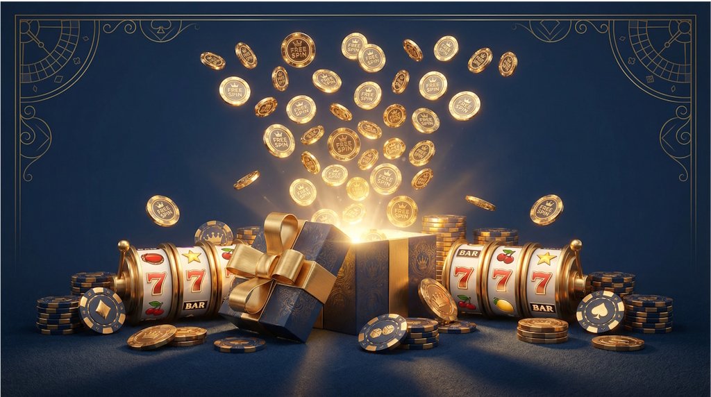 Pacchetto di free spins senza deposito offerto da un casino non AAMS, con una slot machine in sottofondo