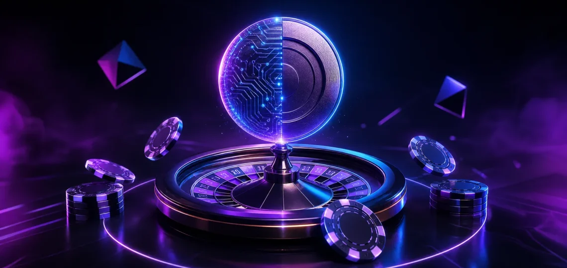 Immagine editoriale per recensione casinò con giochi e criptovalute.