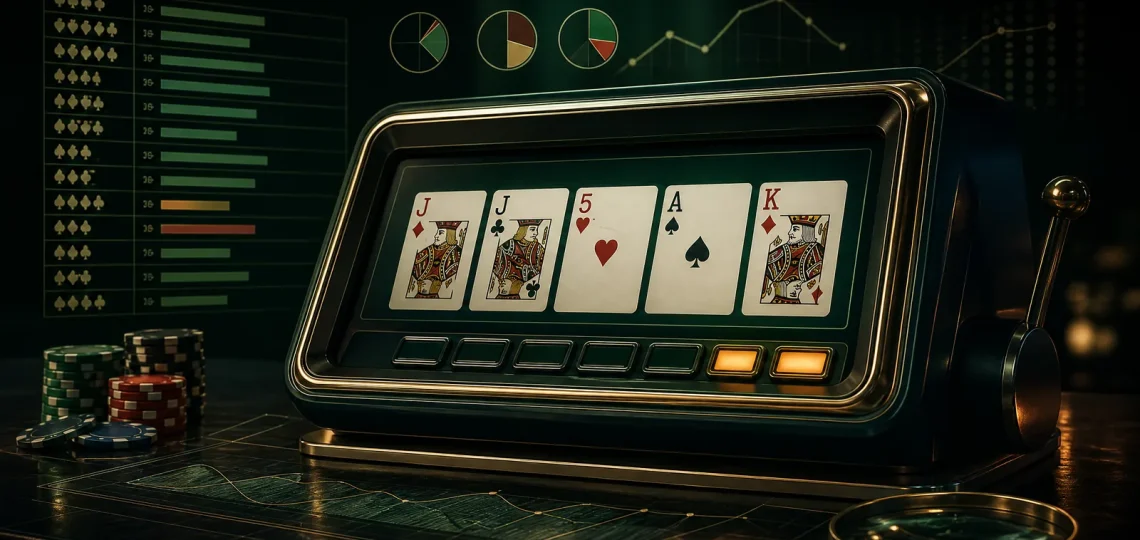 Schermo di video poker con carte da gioco e simboli analitici