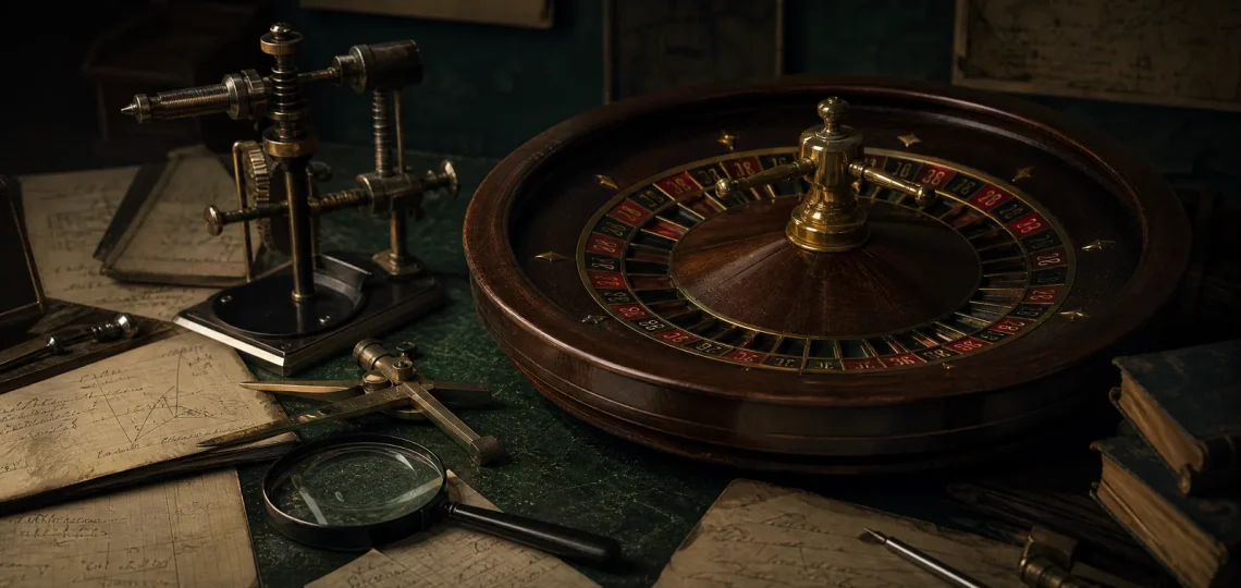 Ruota della roulette studiata con strumenti di misurazione e appunti scientifici