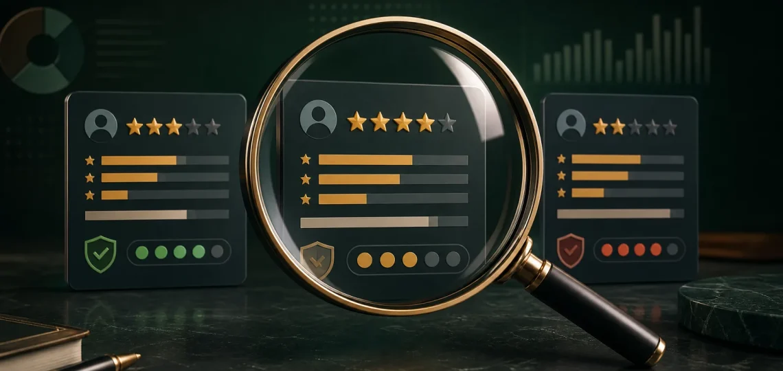 Lente di ingrandimento che analizza simboli di recensioni e punteggi