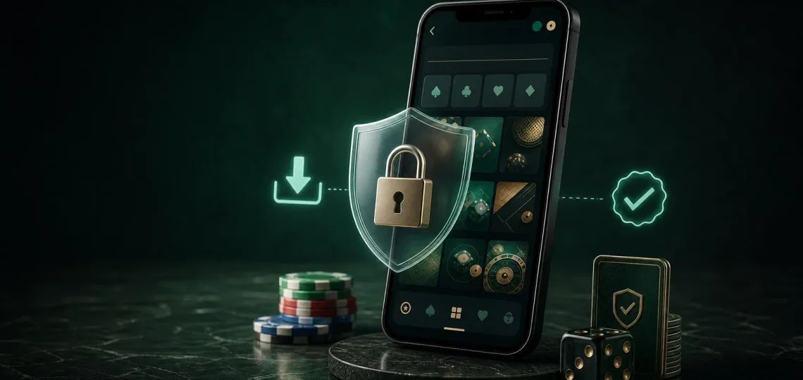 Smartphone con interfaccia casino e simboli di sicurezza digitale