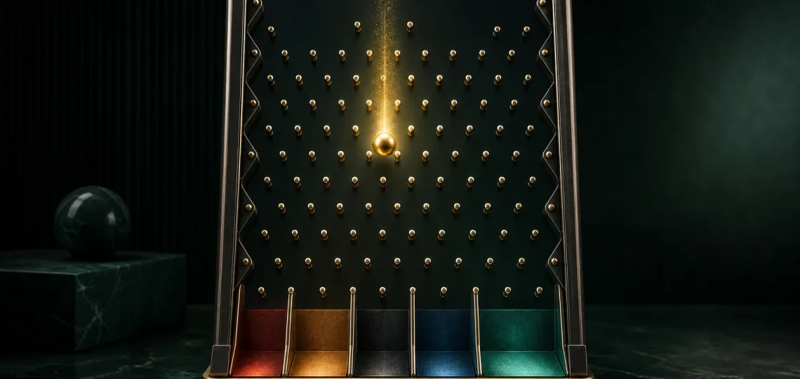 Tabellone del gioco Plinko con pallina e moltiplicatori di rischio